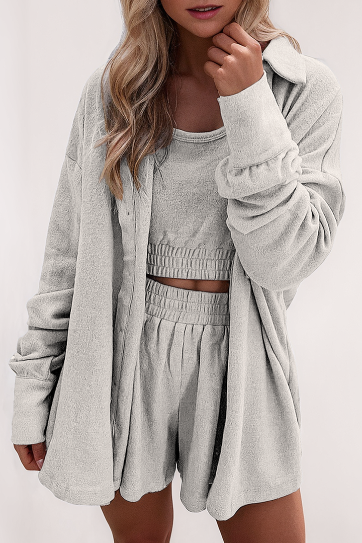 3 Pcs Crop Tank Top Shorts with Cardigan Lounge Set: Gray / Missy