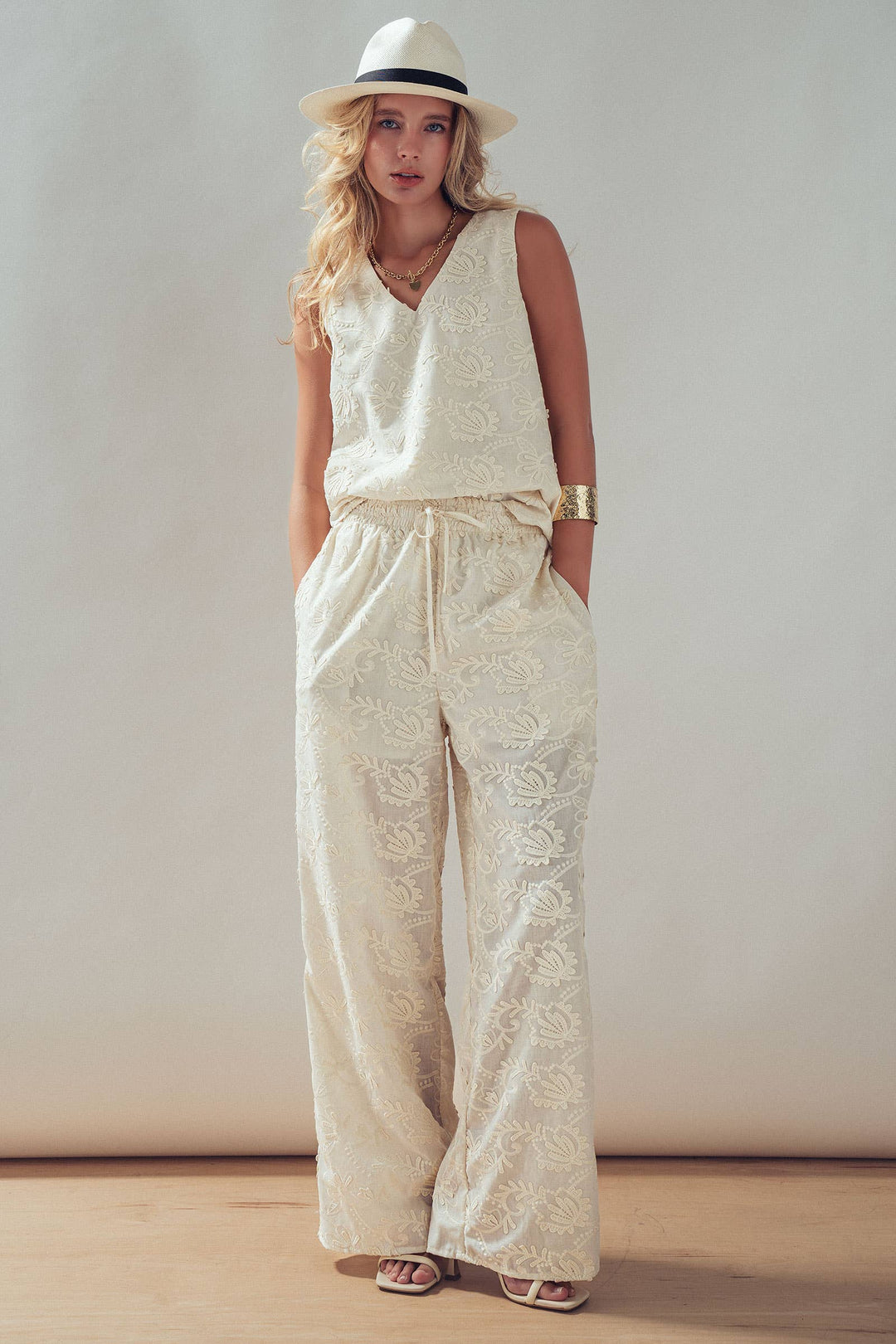 Floral Embroidered Cotton Top And Pant Set: IVORY