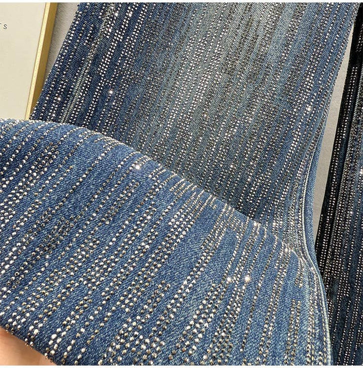 PT39Y All Over Rhinestone High Waist Wide Leg Jeans: Blue / English / M