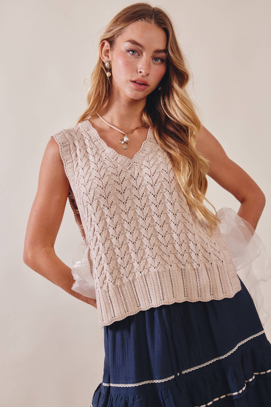 Pointelle Knit Ribbon-Tie Vest Top
