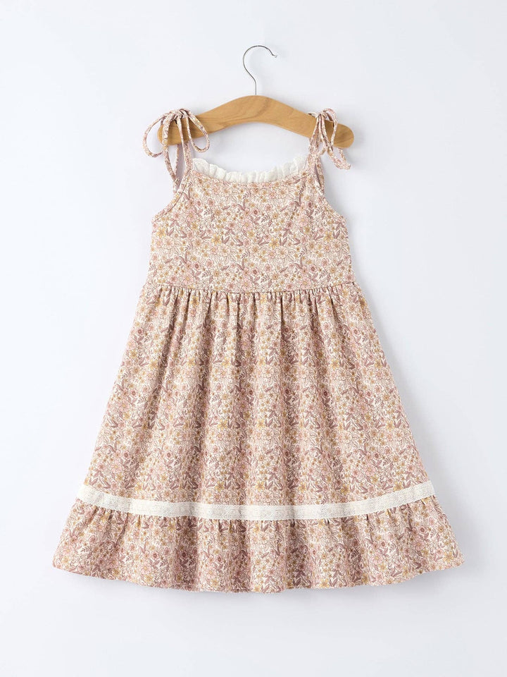 Summer Floral Girls Bow Spaghetti Strap Ruffle Dress