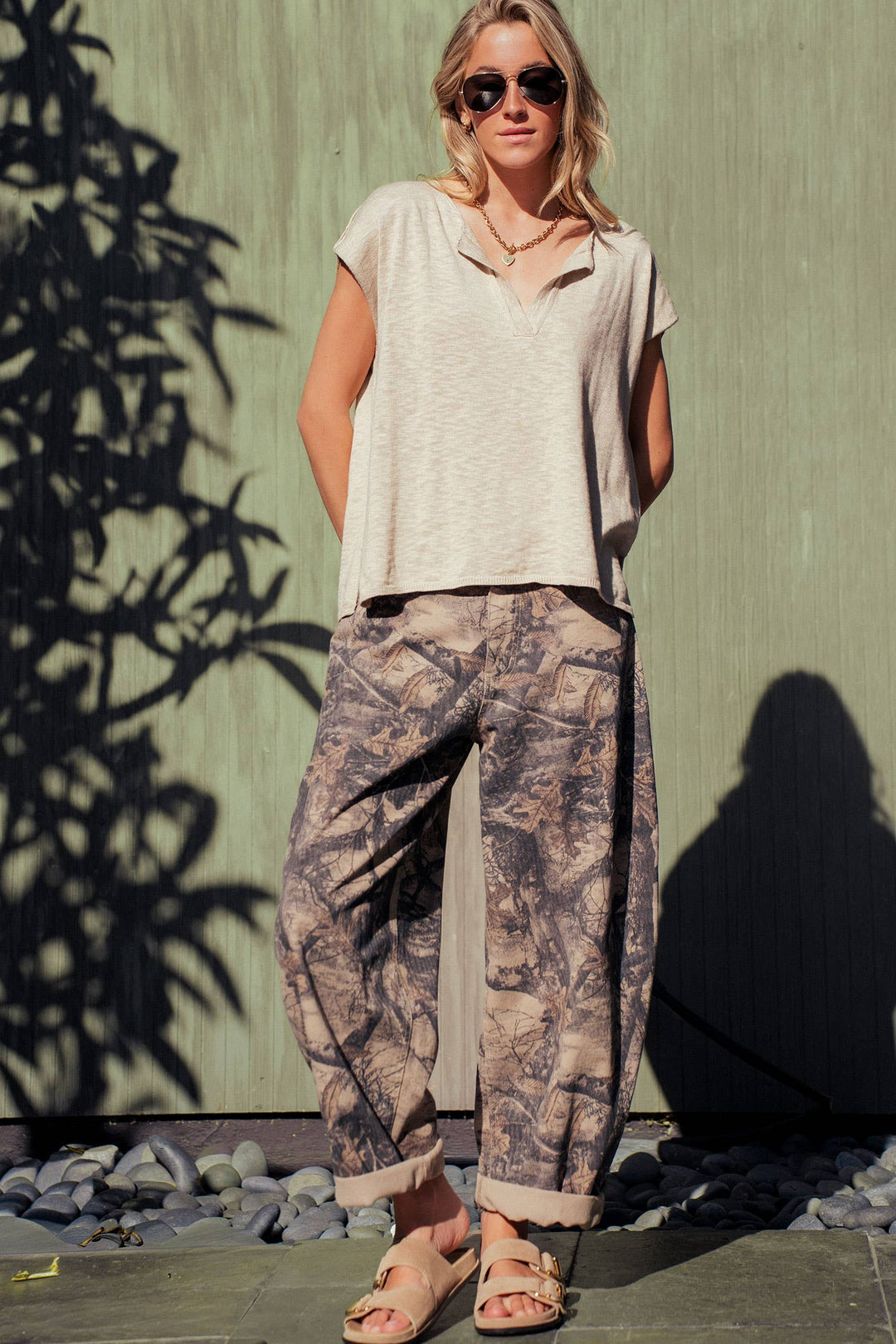Split Neck Cap Sleeve Cotton Blend Top: Beige / S-M-L:2-2-2