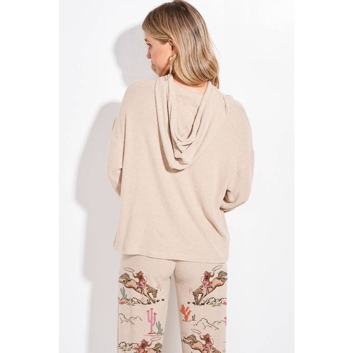 Desert Cowgirl Print Rib Hoodie Loungewear Set : Taupe / M