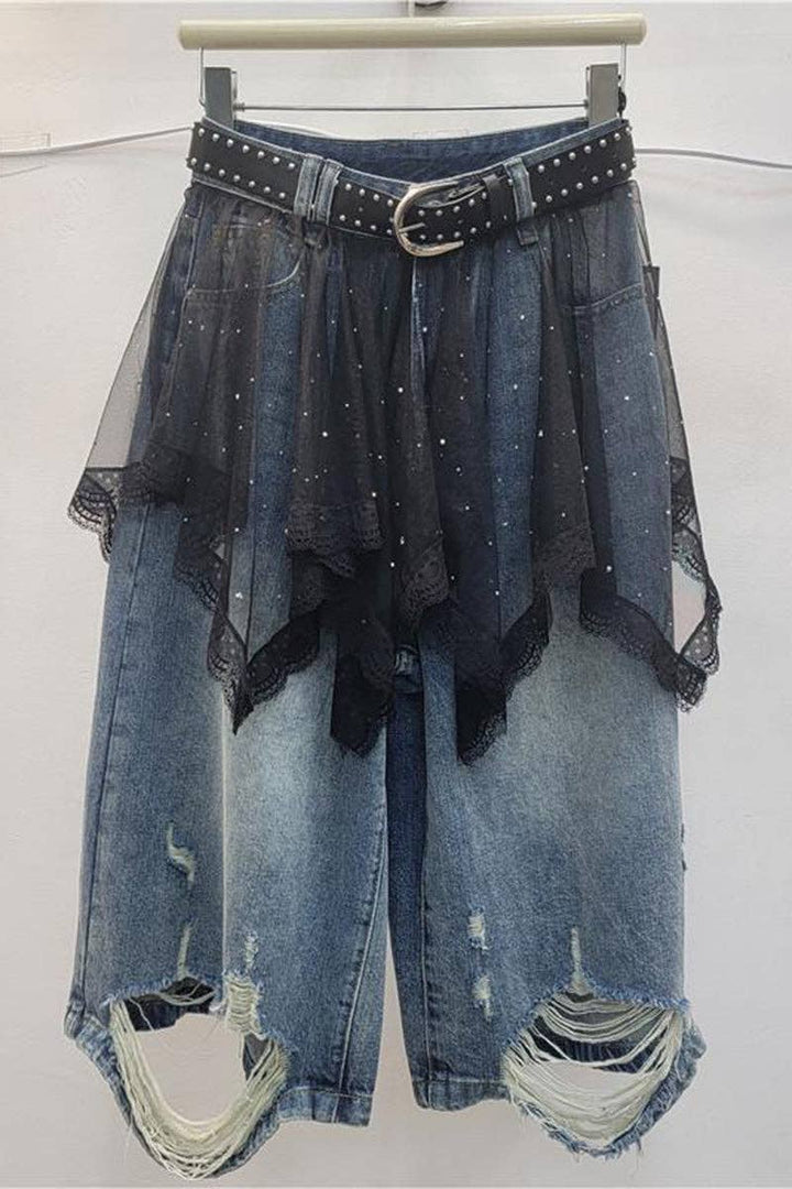 Layered Lace Skirt Denim Shorts: BLUE/WHITE