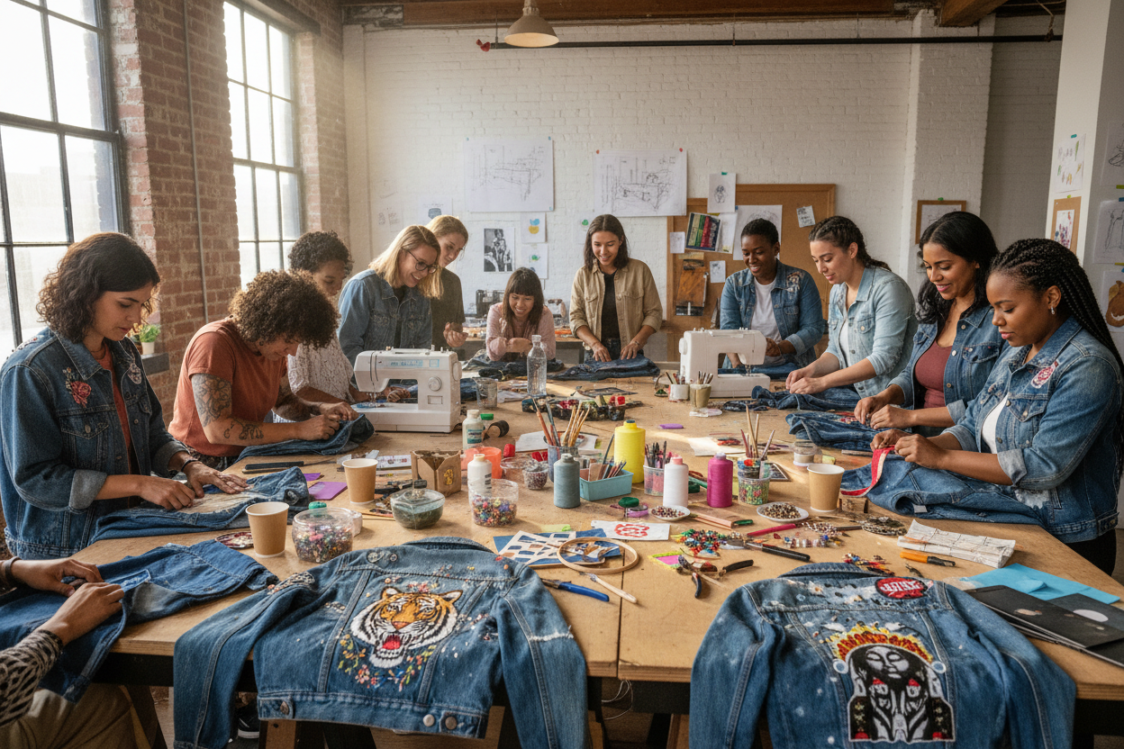 group of people making denim jackets