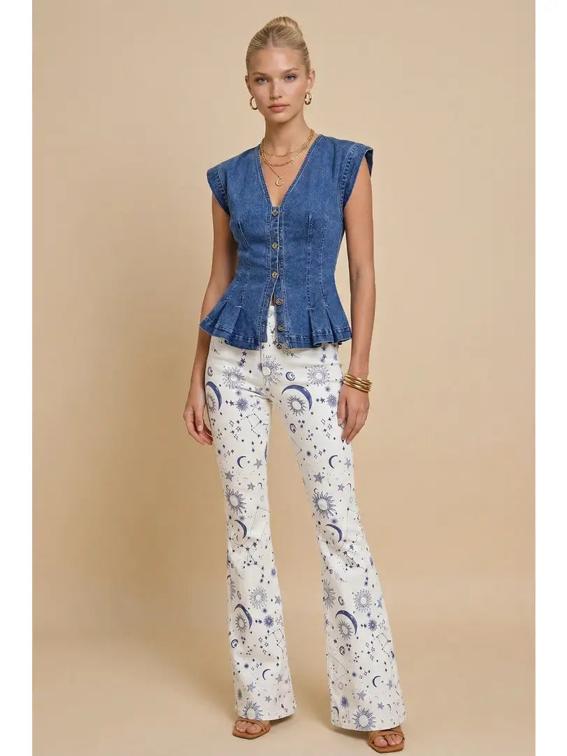 Stars and Sun Printed Bootcut Flare Jeans