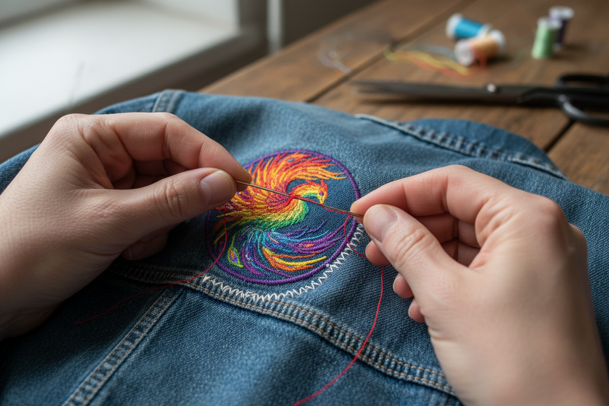 someone working on a denim jacket sewing on a patch 