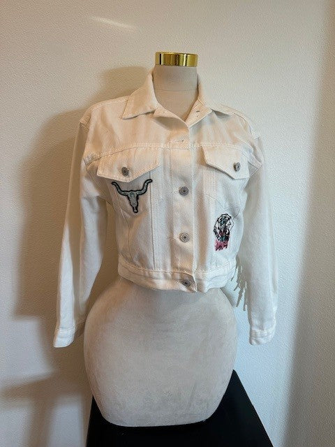 WILD CARD WHITE FRINGE CUSTOM DENIM JACKET