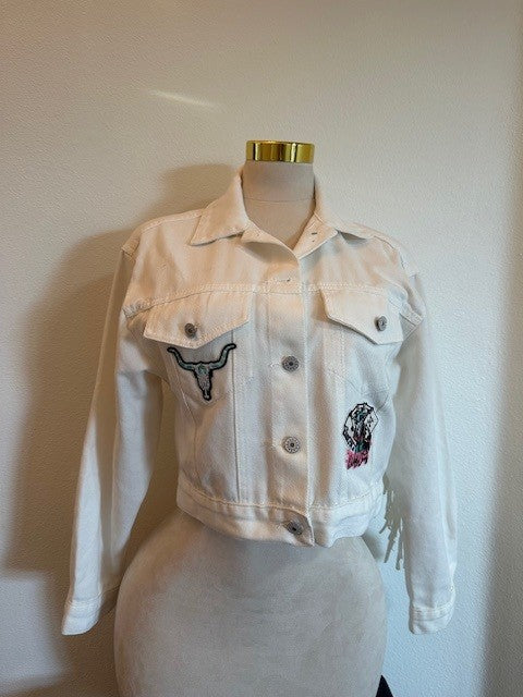 WILD CARD WHITE FRINGE CUSTOM DENIM JACKET
