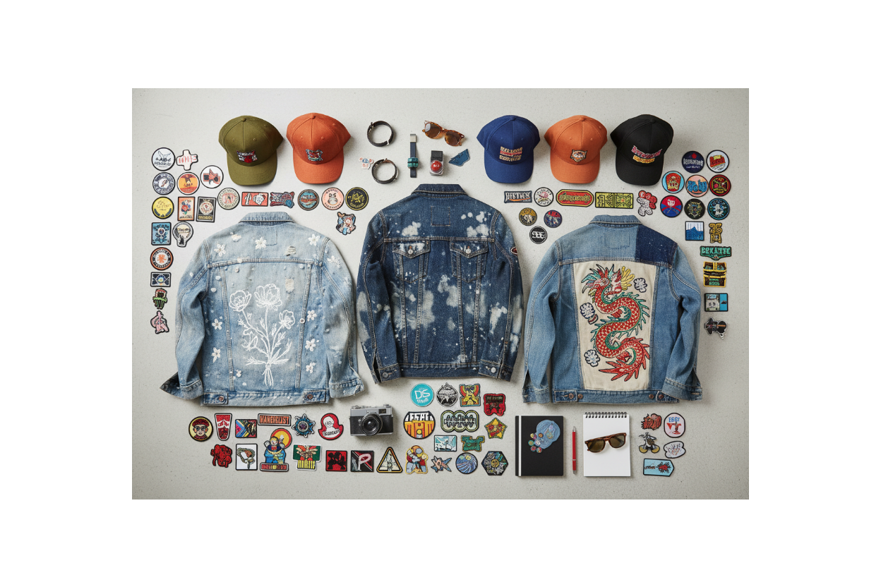 wide angle image of several custom denim jackets, patches, hats etc laid out top down view